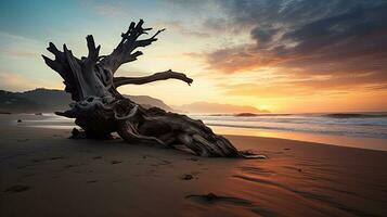 Outline of ancient tree branch extending against sky on Costa Rican shoreline photo