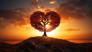 Tree silhouette atop sunlit mound heart shaped symbolizing love photo