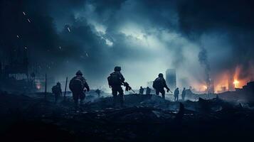 War scene with silhouette soldiers fighting in a ruined city under a cloudy sky photo