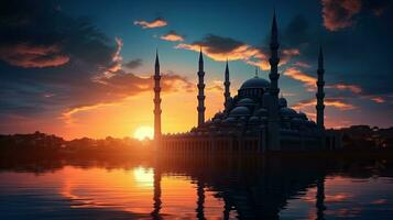 At sunset minarets of mosques silhouette during Ramadan themed iftar and evening prayer symbolizing Istanbul photo