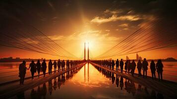 muchos turistas caminando en el cable permaneció puente crear un hermosa silueta en contra un soñador puesta de sol foto