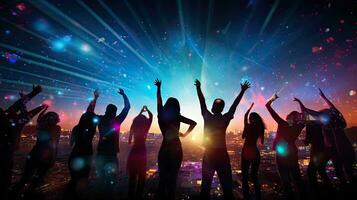 Group of joyful youths dancing at a nightclub It represents nightlife and disco ambiance photo