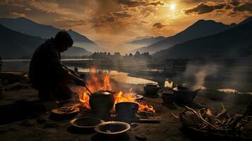 Nepal s traditional method of cooking using wood fire photo