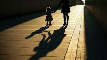 Silhouette of mother and child holding hands on the sidewalk photo