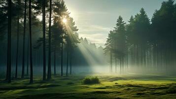 A dreamlike summer landscape with ancient pine tree silhouettes in a morning fog surrounded by a panoramic view of majestic evergreen forest Sun rays add an atmospheric tou photo