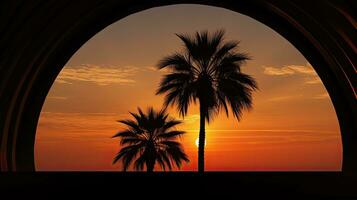 Silhouette of a palm tree against the sunset with a cupola photo