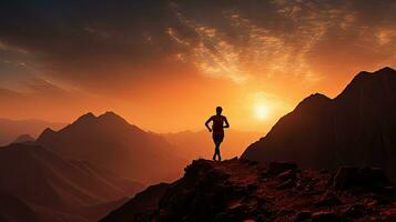 Hiker silhouette sprinting in Ras Al Khaimah mountain photo