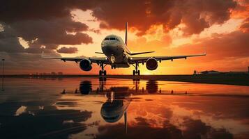 Plane taking off and landing at sunset with cloudy sky photo