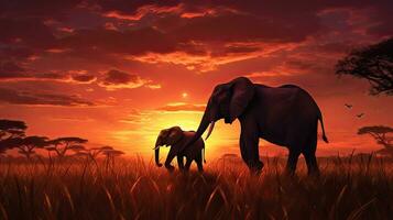 Mother and baby elephants silhouettes during an African sunset photo