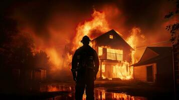 Silhouetted firefighter attempts to put out burning house photo