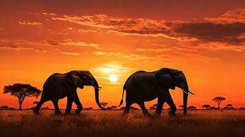 Mother and baby elephants silhouettes during an African sunset photo