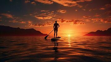 Male paddle boarder silhouette at sunset on shore photo