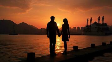 Romantic couple holding hands enjoying sunset at Western District Public Cargo Working Area Kennedy Town Victoria Harbour Hong Kong photo