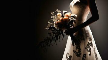 Bride carries bridal bouquet and wears wedding attire with accompanying decorations photo