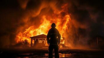 Silhouetted firefighter attempts to put out burning house photo