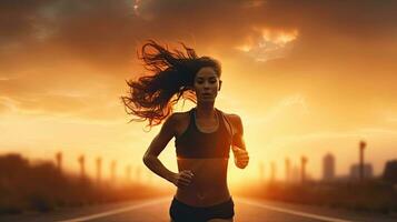 silueta de joven mujer corriendo al aire libre durante un aptitud rutina de ejercicio foto