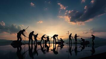 silueta empleados tener éxito juntos en contra puesta de sol fondo foto