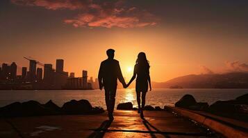 Romantic couple holding hands enjoying sunset at Western District Public Cargo Working Area Kennedy Town Victoria Harbour Hong Kong photo