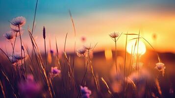 Sunset sky with wild flowers and grass silhouettes photo