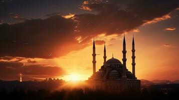 At sunset minarets of mosques silhouette during Ramadan themed iftar and evening prayer symbolizing Istanbul photo