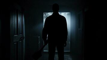 oscuro pasillo con hombre participación hacha crea espantoso asesinato escenas foto