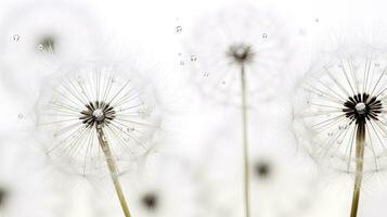 Silhouetted dandelion in macro with water droplets on white background photo