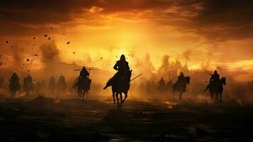 Warriors on foggy sunset background fighting in a medieval battle scene with cavalry and infantry photo