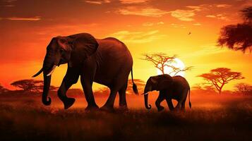 Mother and baby elephants silhouettes during an African sunset photo