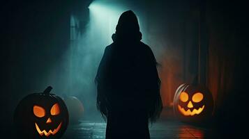 Halloween theme Eerie figure in dim hallway with jack o lantern head Softly lit foggy backdrop Blurred focus Extended exposure photo