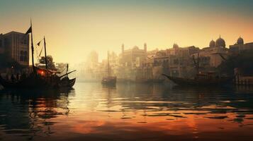 Historic part of Dubai UAE featuring old Arab town with Dubai Creek photo