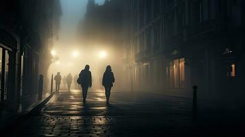 Foggy Bilbao streets with people walking in Spain photo