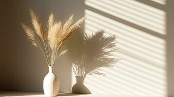 Dry pampas grass in chic vase Shadows on wall Silhouette in sunlight Minimalistic decor idea photo