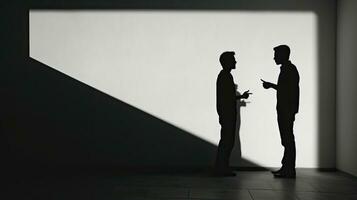 Two men converse as shadows on the wall photo