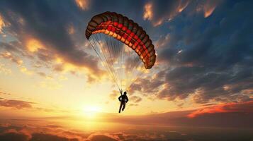 A solitary parachuter gracefully glides through the vibrant sky outlined by the setting sun photo