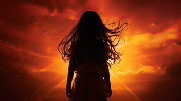 Girl s silhouette against red sky with sunbeam photo