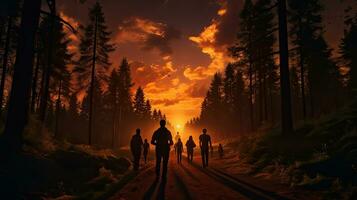 personas son dejando el bosque a puesta de sol con un la carretera y encantador ligero en el antecedentes foto