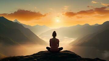 mujer meditando en lado equilibrar yoga posición en el parte superior de un montañas encima nubes a puesta de sol zen meditación paz foto