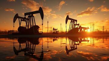 At twilight oil pumps work as their silhouette reflects against the water creating a beautiful scene photo