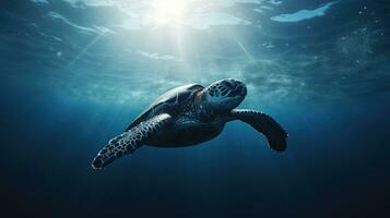 Silhouette of sea turtle gazing upwards from ocean photo