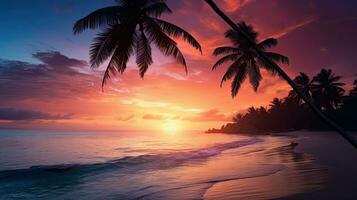 Tropical beach adorned by palm tree silhouettes during a magical sunset photo