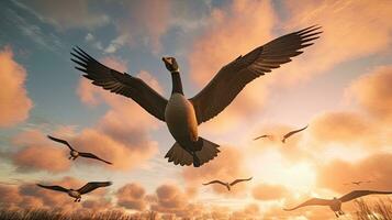 Geese soar in the sky photo