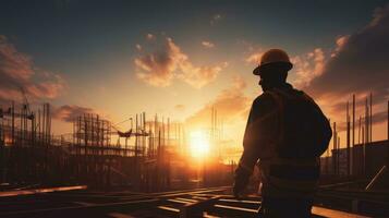 trabajador silueta en construcción sitio a puesta de sol foto
