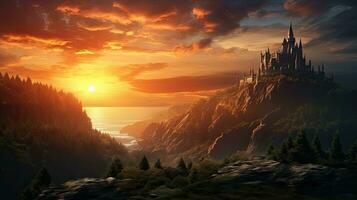 Sunset sky background with castle on cliff in a fantasy landscape photo