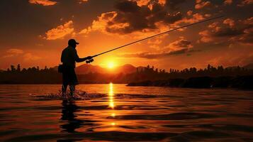 Man fishing at sunset outlined against the sky photo