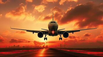 Plane taking off and landing at sunset with cloudy sky photo