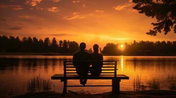 Two people sitting on a bench on a dock admiring the sunset over a lovely lake in Minnesota on a calm and peaceful evening in golden hour photo