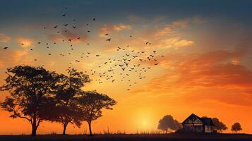 arboles y hogar contorno con aves en puesta de sol cielo creando un pacífico naturaleza atmósfera foto