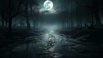 Mysterious forest with a moonlit path fog and a Halloween backdrop hint photo