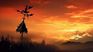 Weather vane silhouette witch on broomstick dawn sky above mountains photo