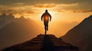 Man doing sunset exercise on mountain silhouette photo